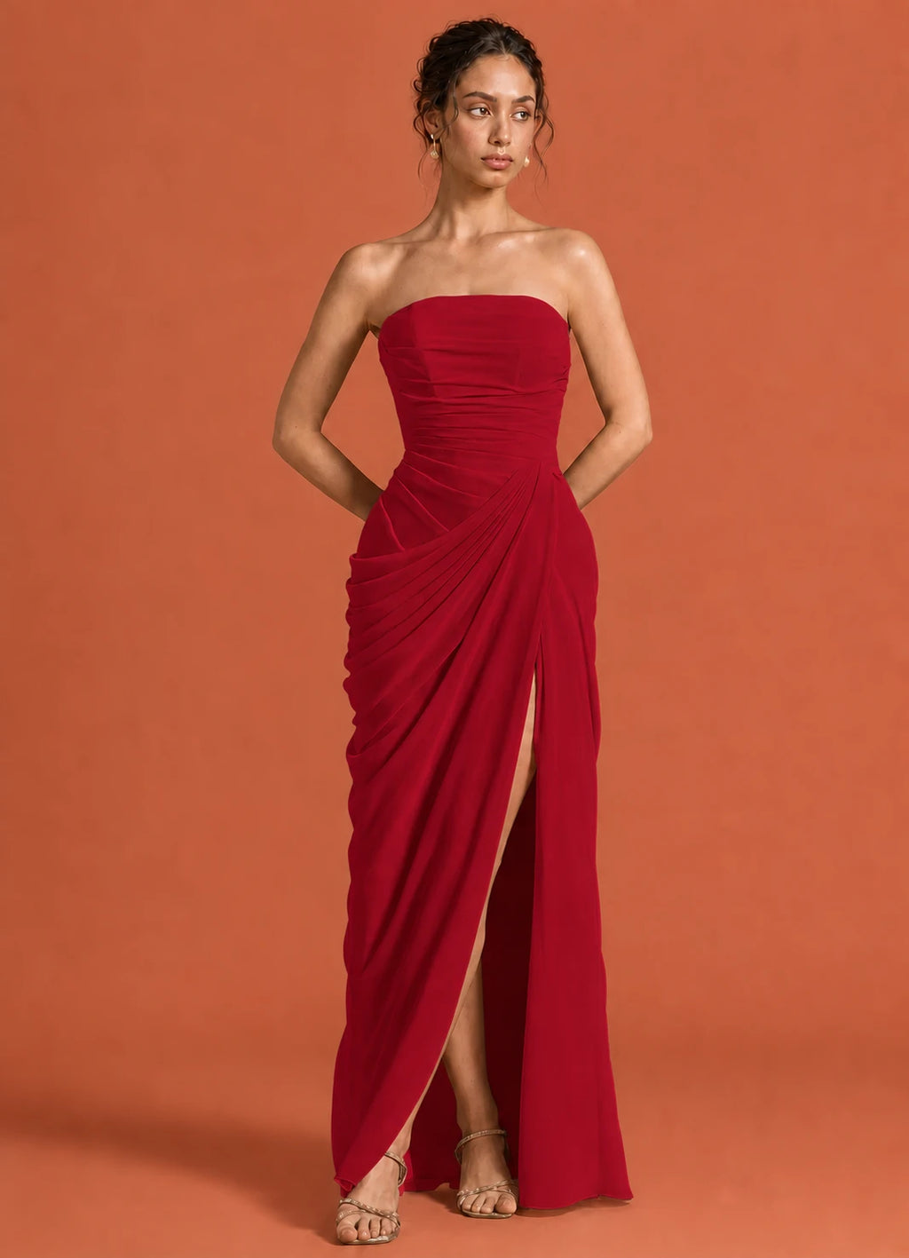 Cavendier Vestido Largo Strapless Drapeado con Abertura