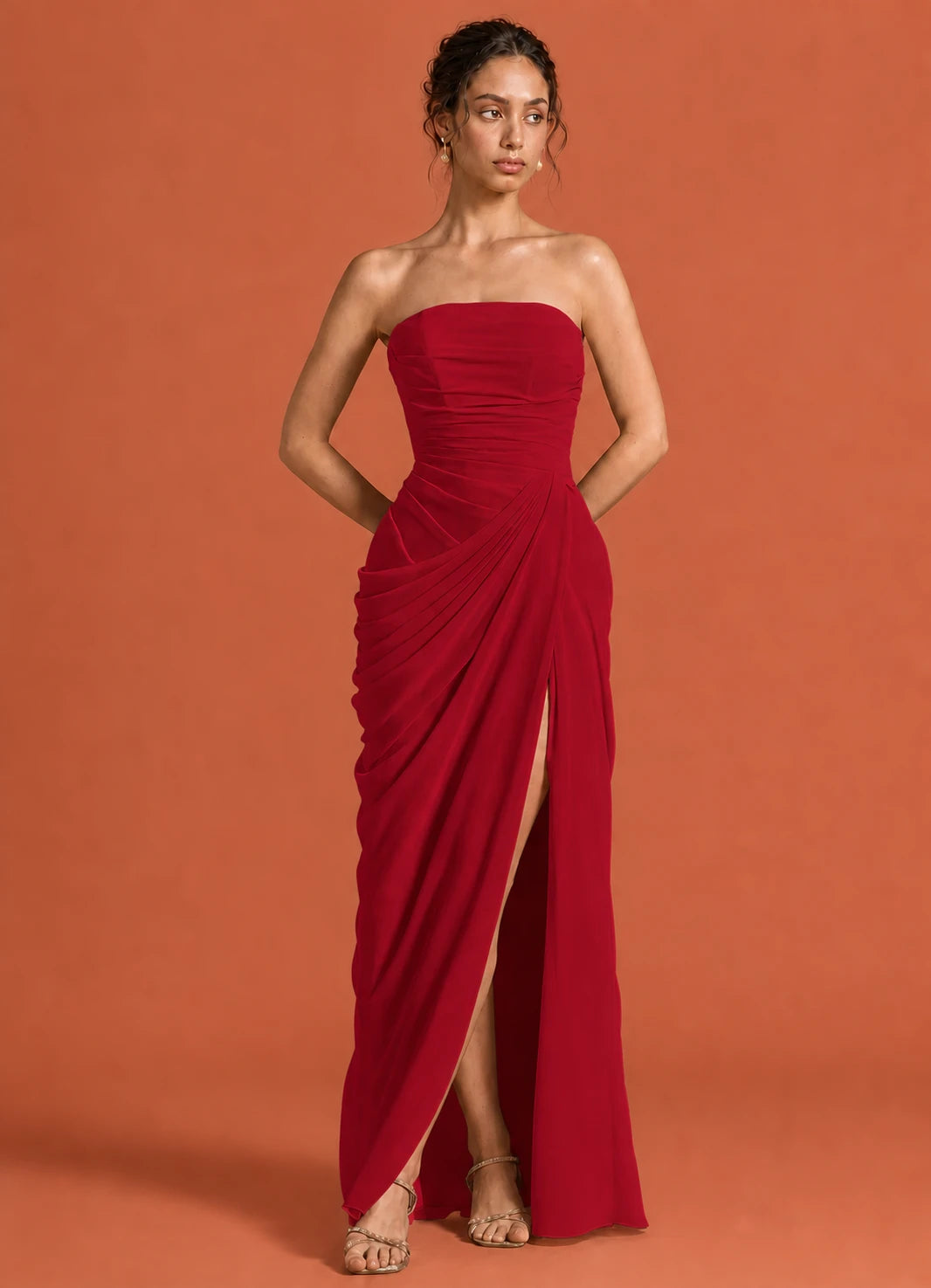 Cavendier Vestido Largo Strapless Drapeado con Abertura